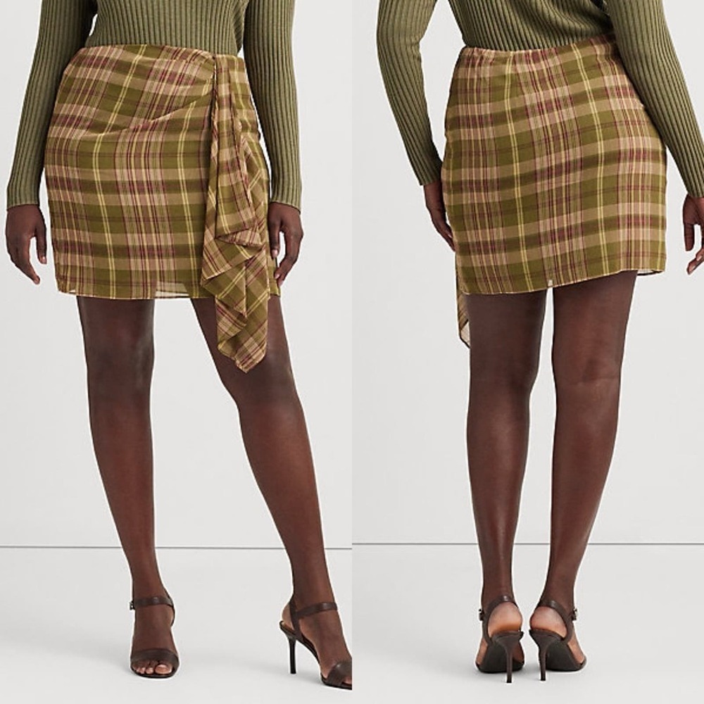 Lauren Ralph Lauren Plaid Ruffle-Trim Georgette Skirt Green Farm Olive 10 NWT